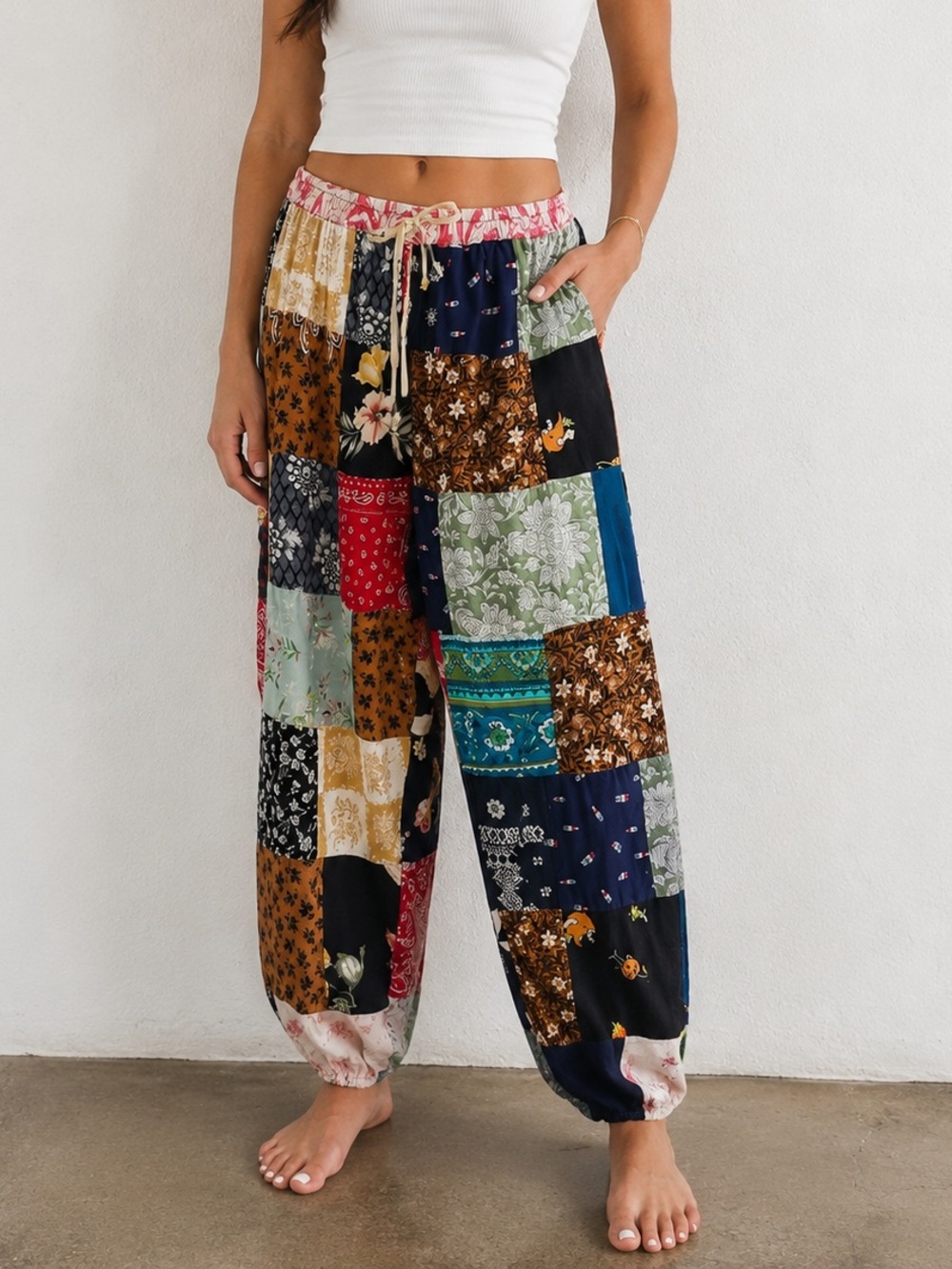 Boho Patchwork Jogger Pants Mixed Print Floral Elastic Drawstring Waist